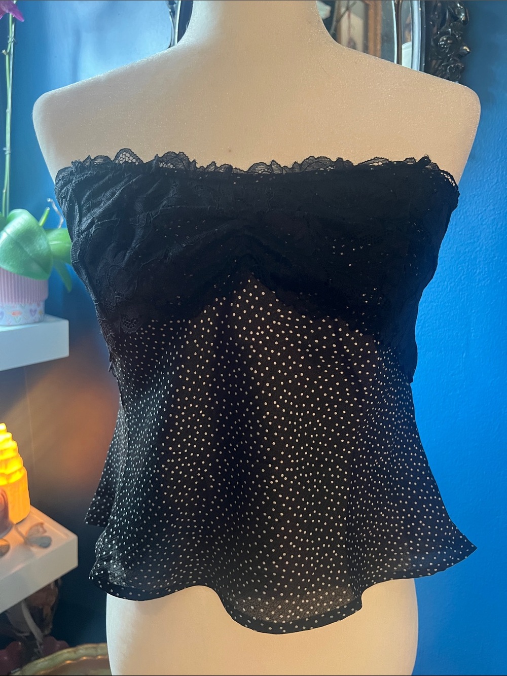 Free People Black Lace & Polka Dot Strapless Cami